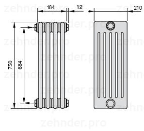 Схема (чертеж) Радиатор Zehnder Charleston 6075/4 №1270 Белый глянцевый RAL 9016
